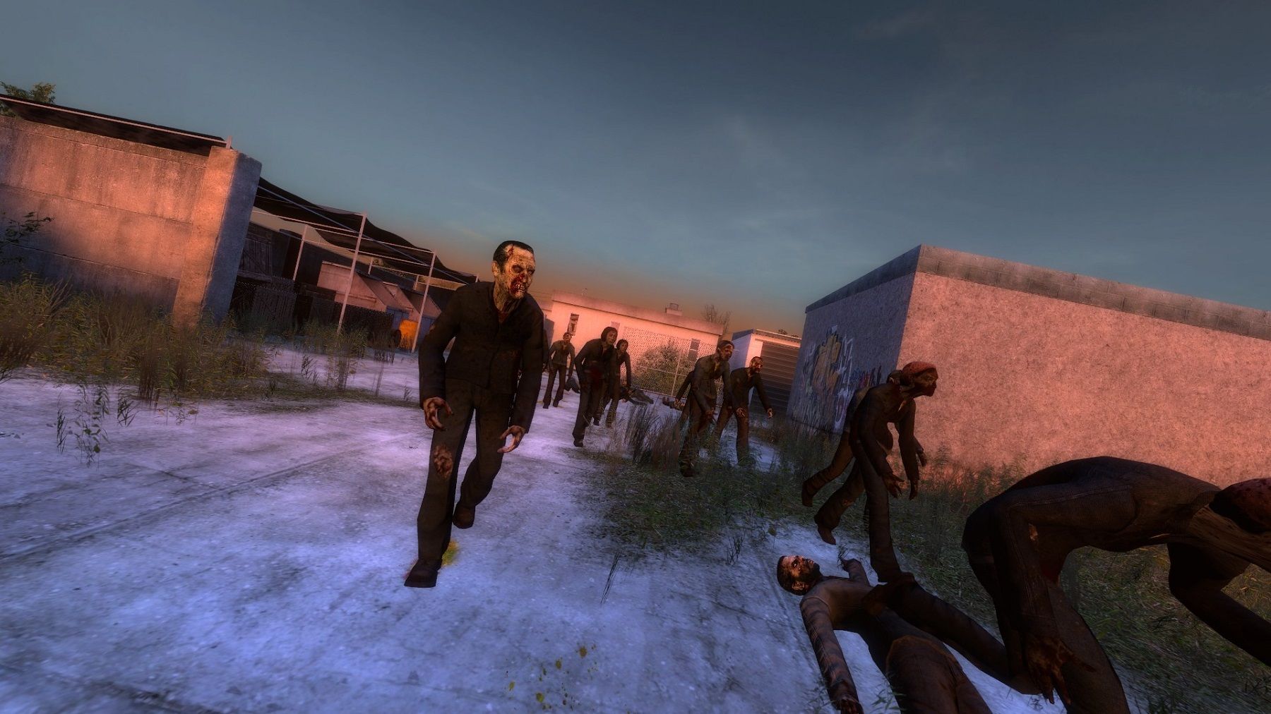 Image from a Half-Life mod showing several zombies walking towards the player.