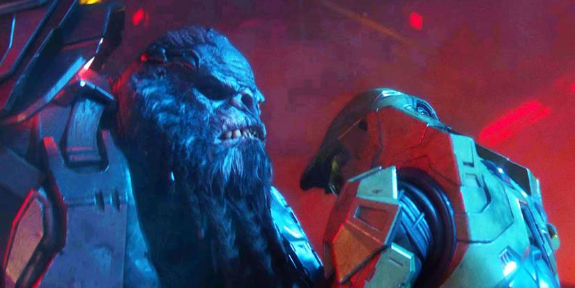 Halo Infinite Characters Atriox holding master chief