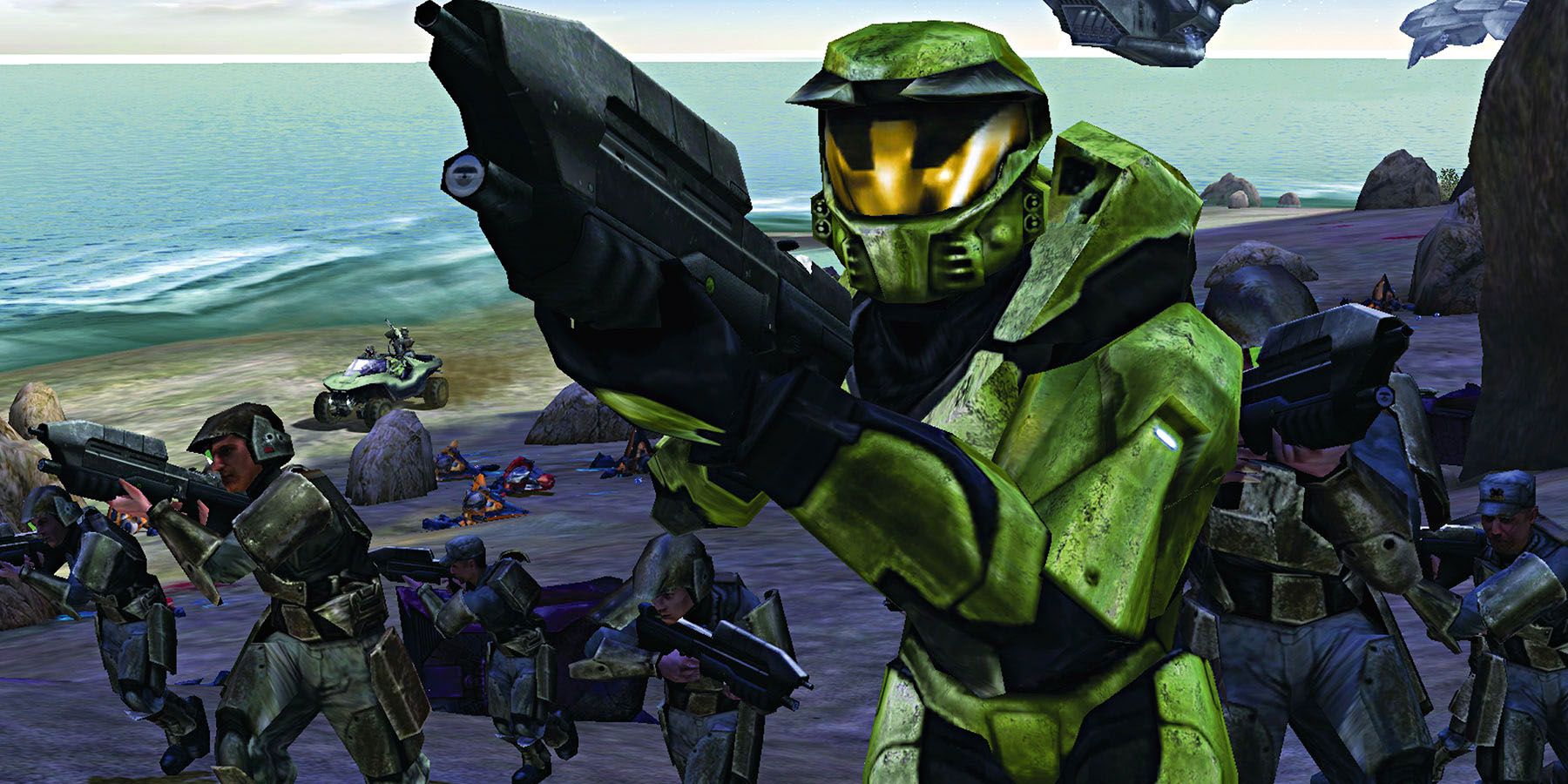 A screenshot from the original Halo, featuring Master Chief leading a sqaud of soliders into battle.