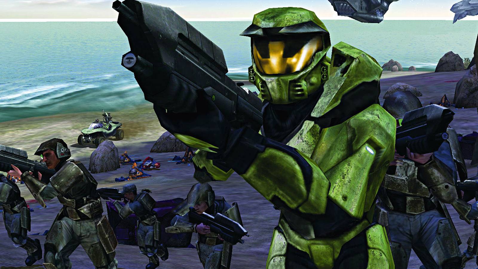 A screenshot from the original Halo, featuring Master Chief leading a sqaud of soliders into battle.