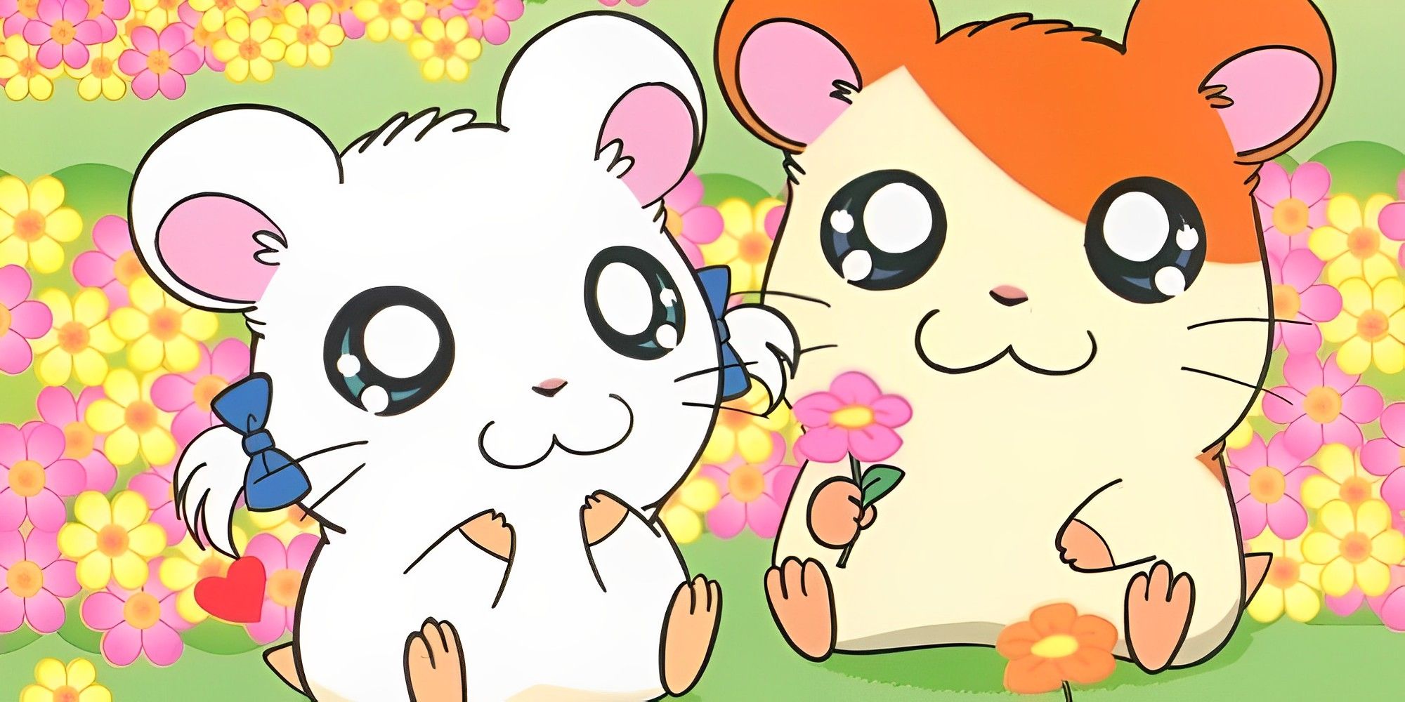 Hamtaro and Bijou from Hamtaro sitting together in a field of flowers