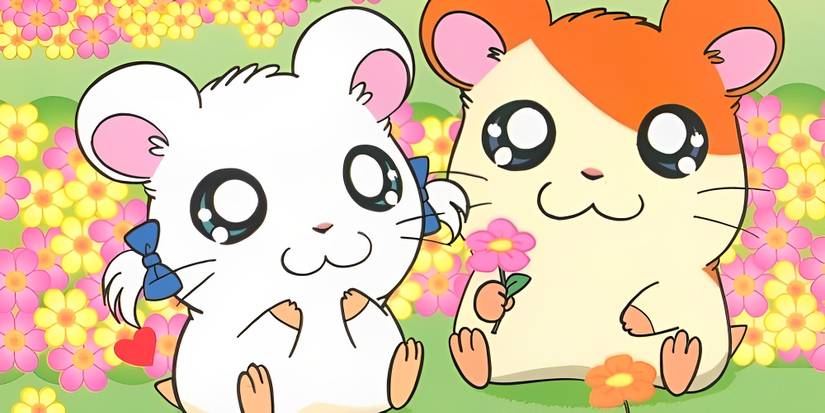 Hamtaro and Bijou from Hamtaro sitting together in a field of flowers