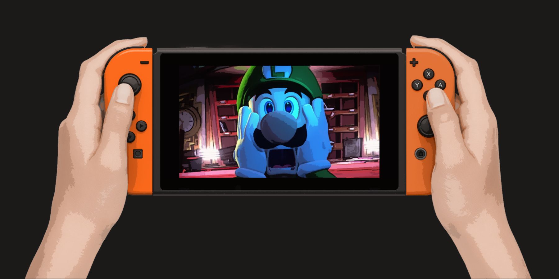hand-held Nintendo Switch with screaming Luigi