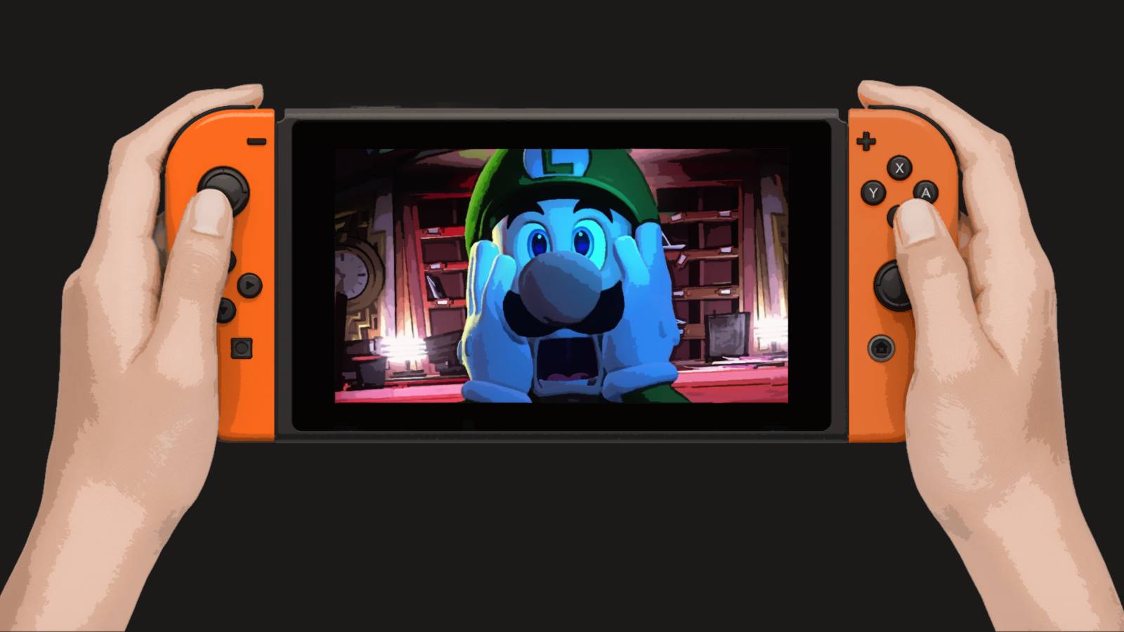 hand-held Nintendo Switch with screaming Luigi