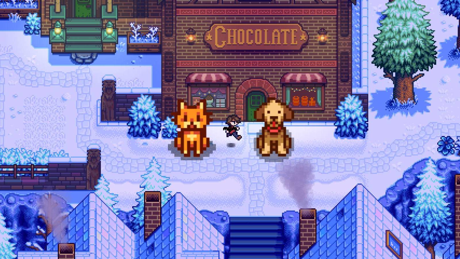 A cat and dog from Stardew Valley on gameplay footage from Haunted Chocolatier
