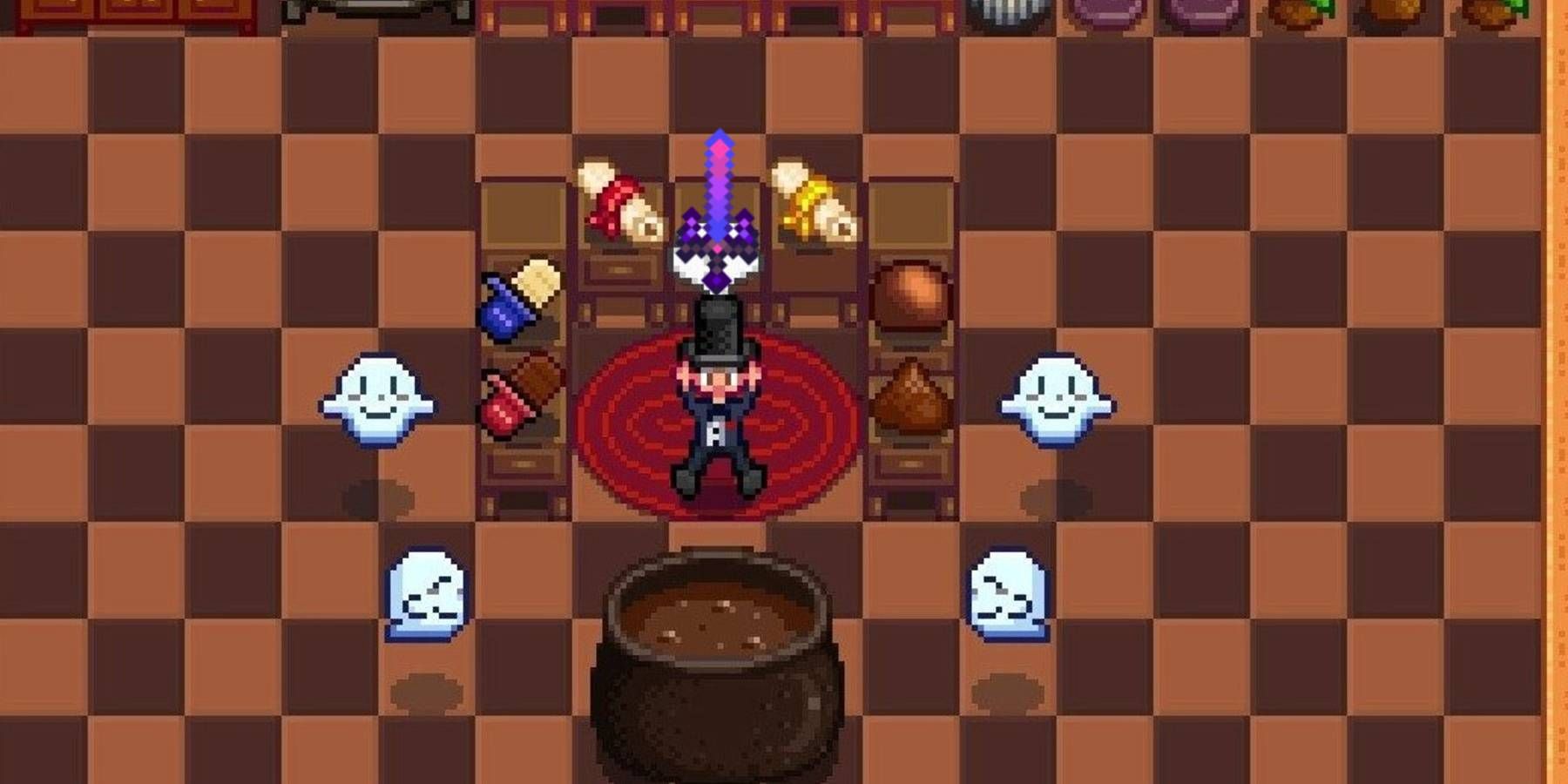 Haunted Chocolatier character holding up the Infinity Blade from Stardew Valley