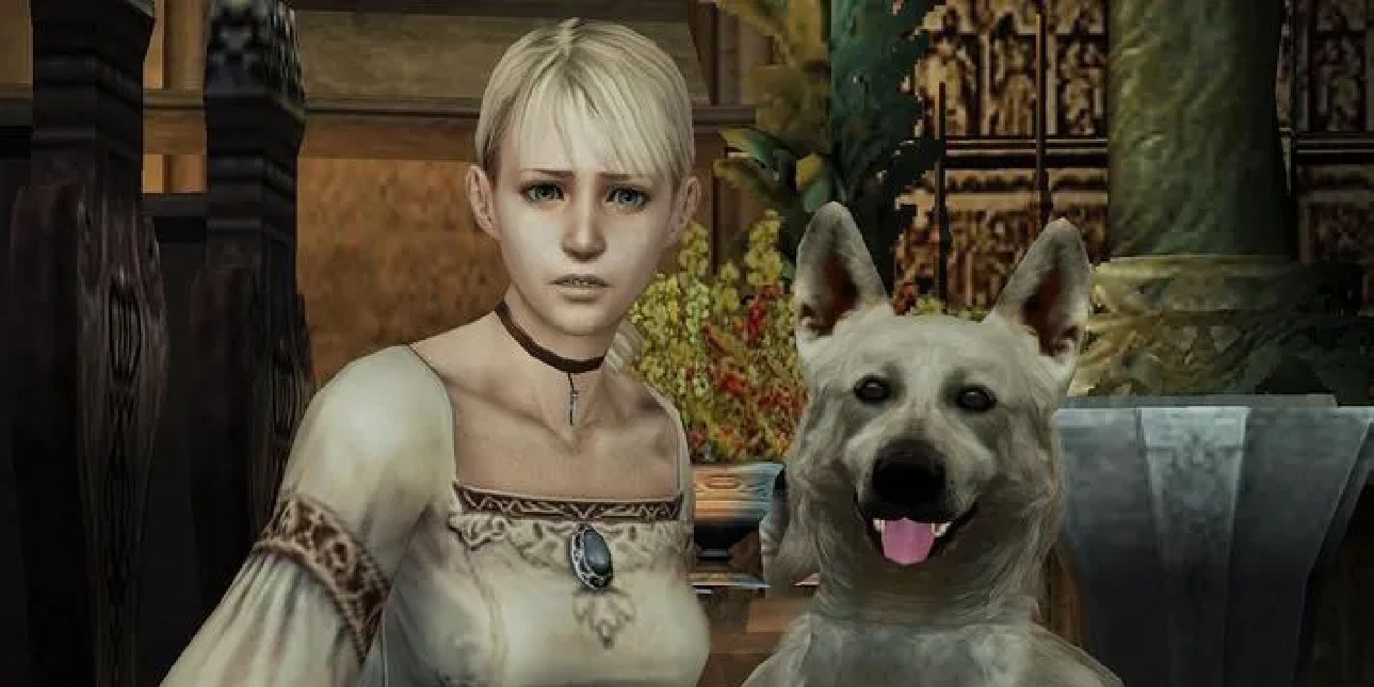 Giona knelt next to her trust dog Hewey, looking towards the camera with worry in Haunting Ground