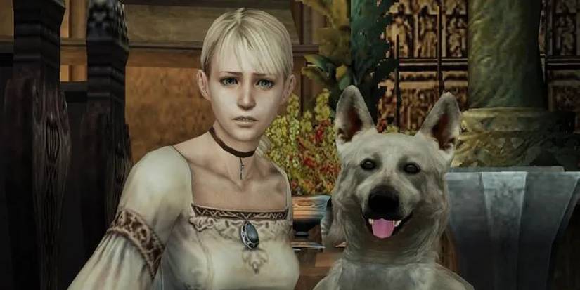 Giona knelt next to her trust dog Hewey, looking towards the camera with worry in Haunting Ground