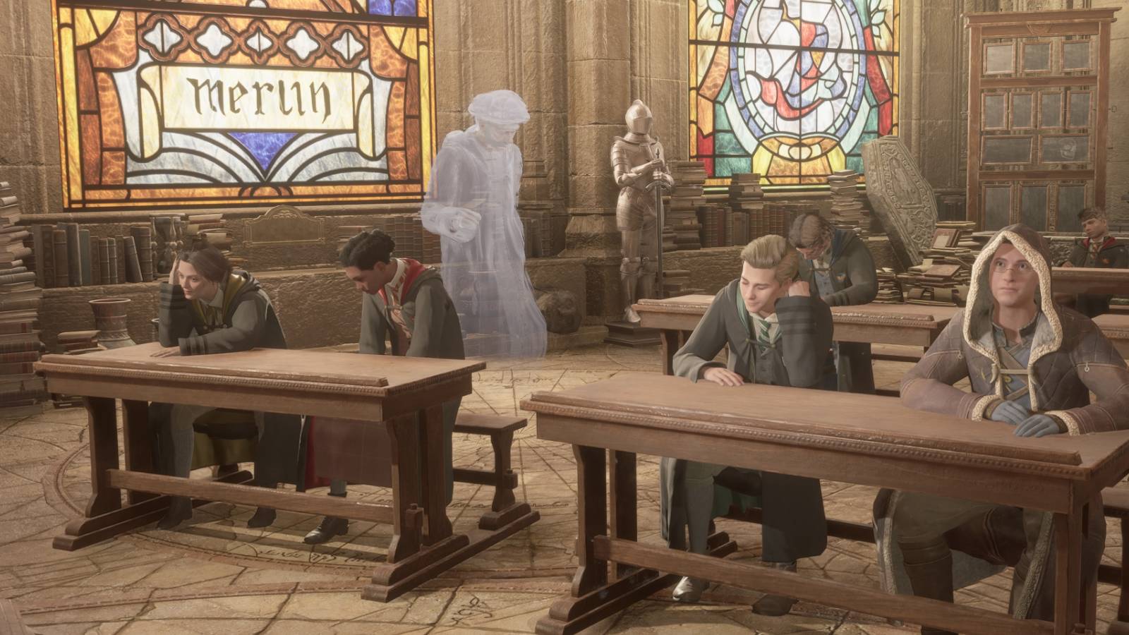 Lenora, Natsai, Ominis, and Professor Binns in Hogwarts Legacy