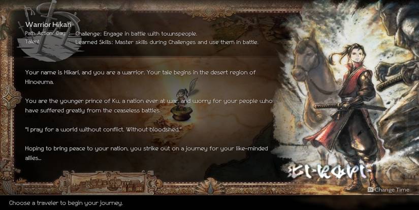 Hikari’s character bio in Octopath Traveler 2