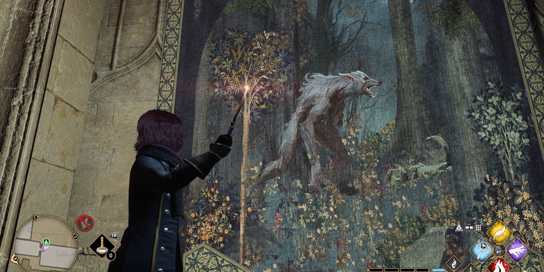 Hogwarts Legacy werewolf tapestry in the secret room with werewolf tapestries
