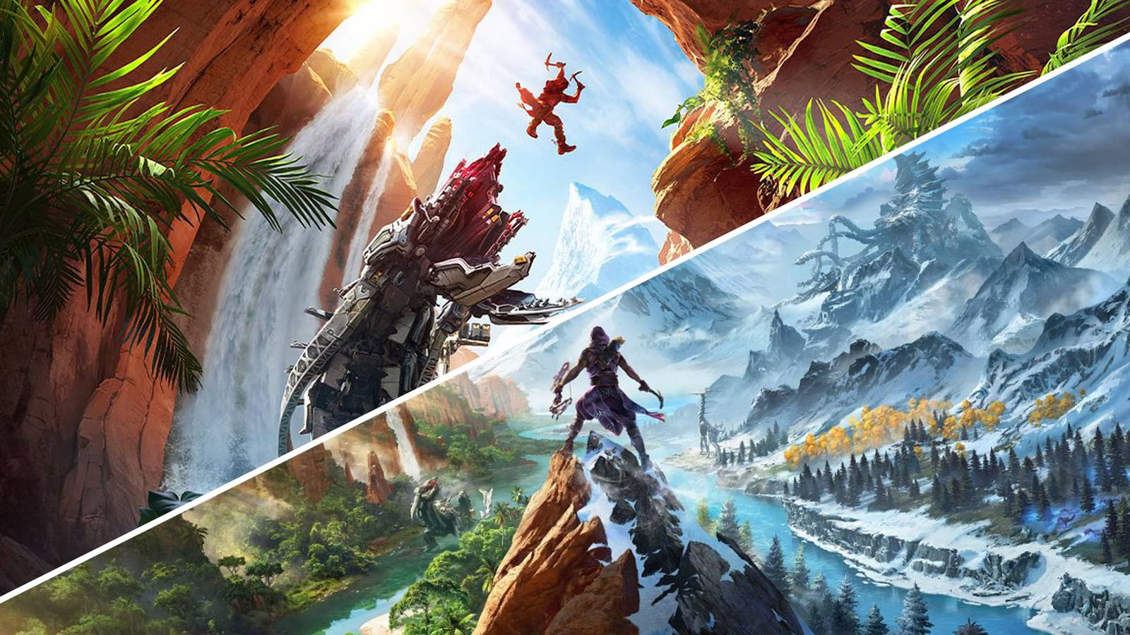 Horizon Call of the Mountain dual feature image of Ryas climbing 