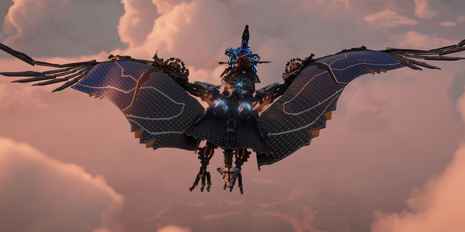 A screenshot from Horizon Forbidden West, featuring Aloy riding a flying mount in the sky.