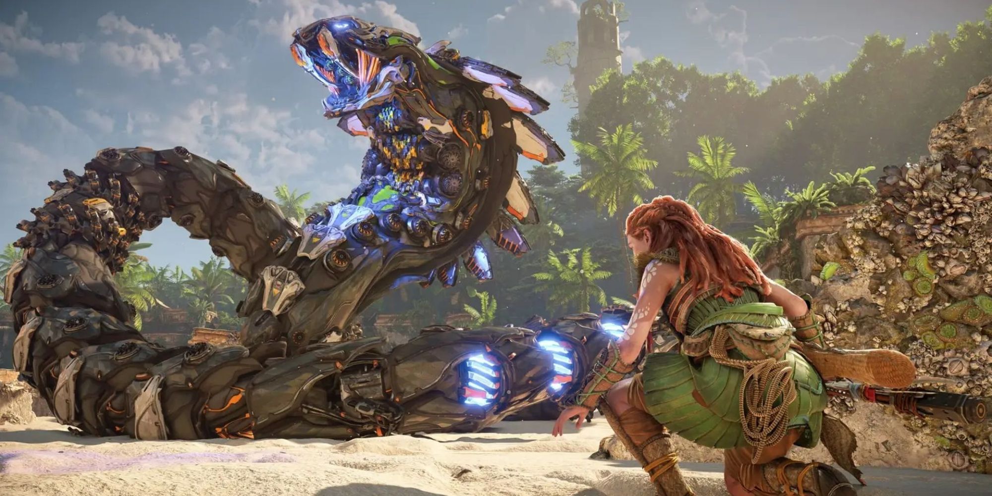 Aloy and monster in Horizon Zero Dawn & Forbidden West