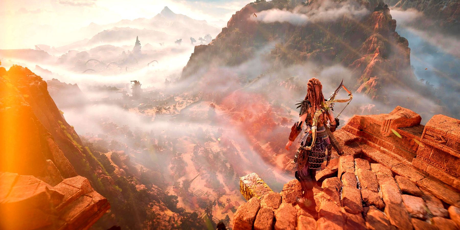 aloy from horizon forbidden west overlooking a canyon