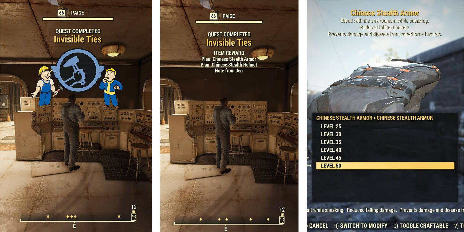 image showing the steps to get the chinese stealth armor in fallout 76.