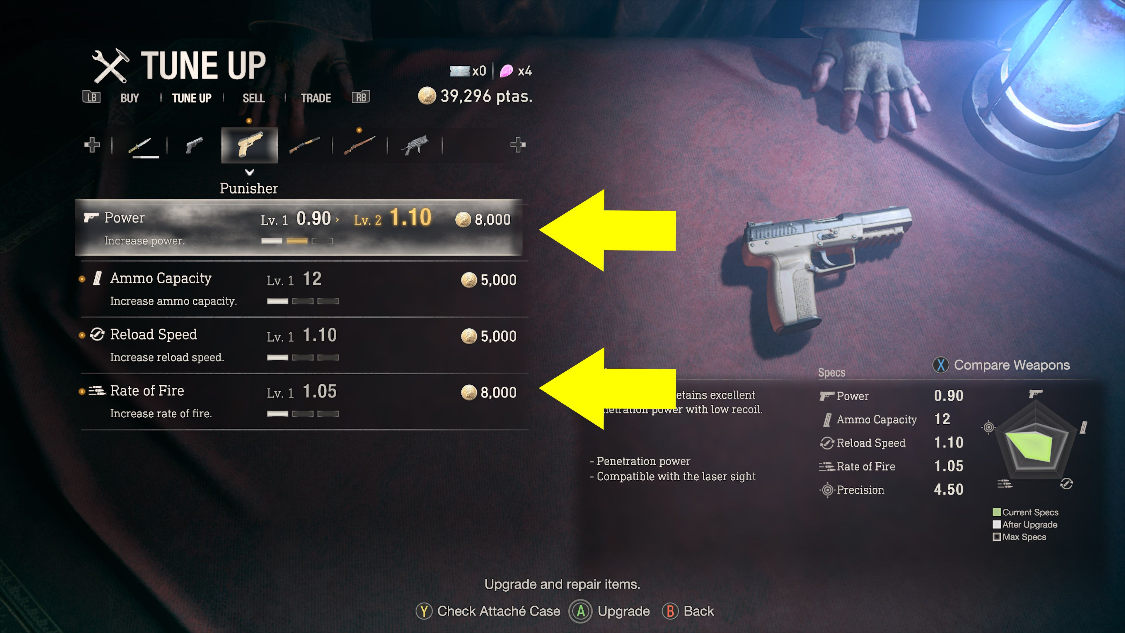 image showing how to upgrade punisher handgun in re4 remake.