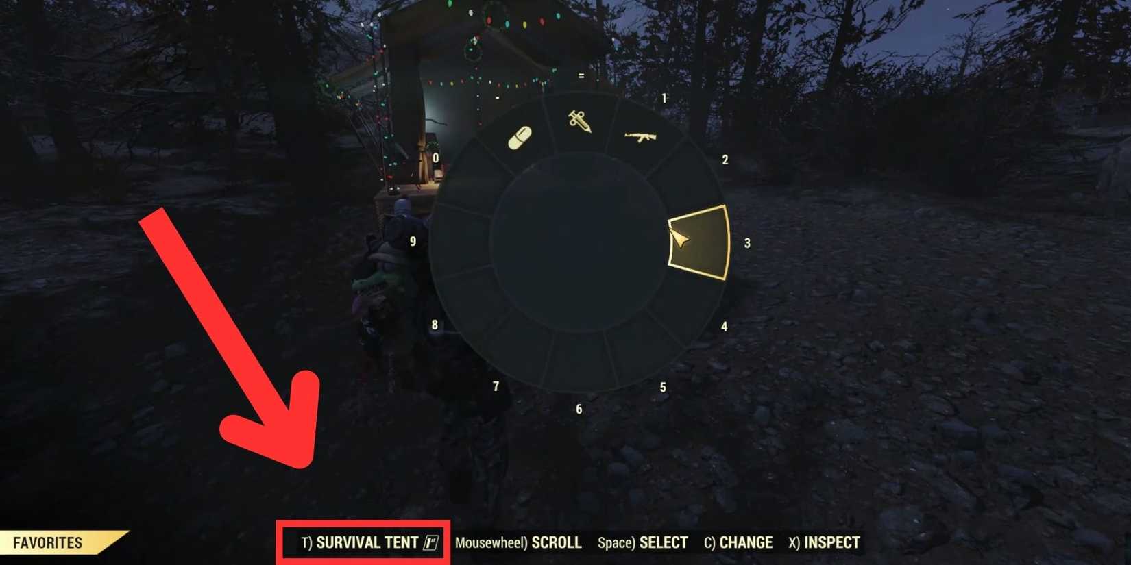 image showing how to place the survival tent from the favorites menu in fallout 76.