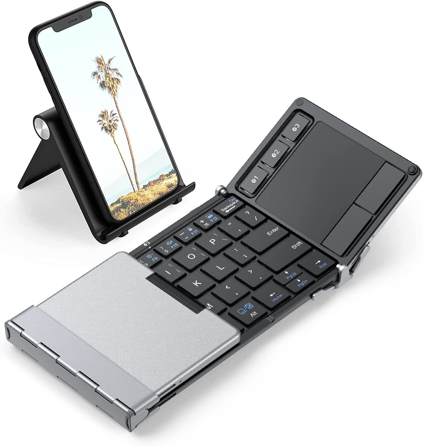 iClever Foldable Keyboard (BK08) with the left portion folded in, the trackpad fully displayed, and the included bonus kickstand on display with a phone in it.