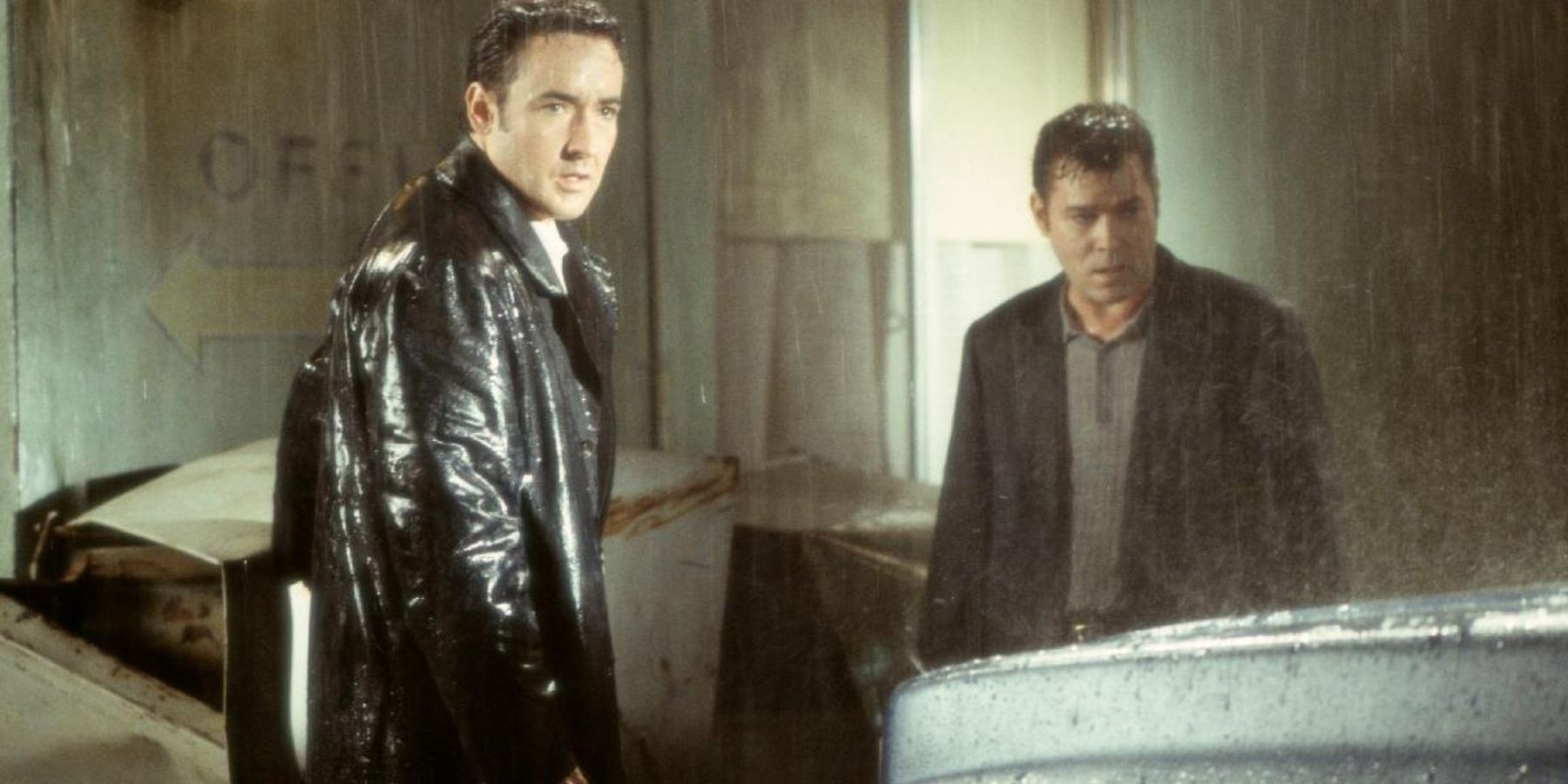 John Cusack and Ray Liotta in the rain in Identity