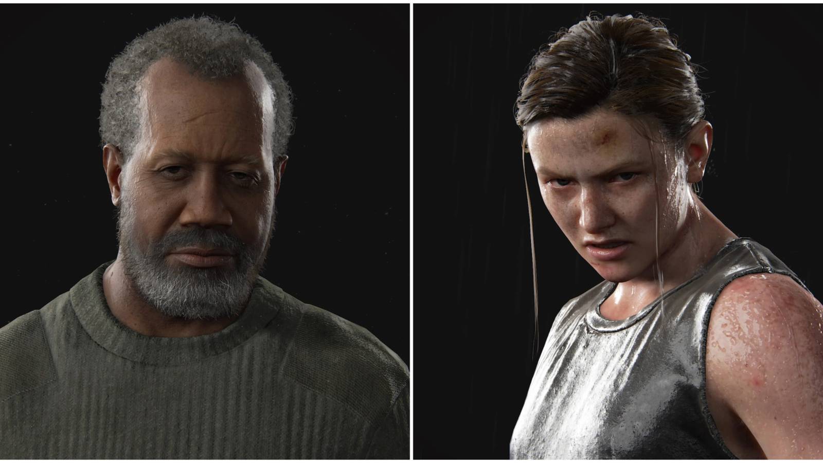 Split image showing Isaac Dixon and Abby Anderson in The Last of Us Part II.