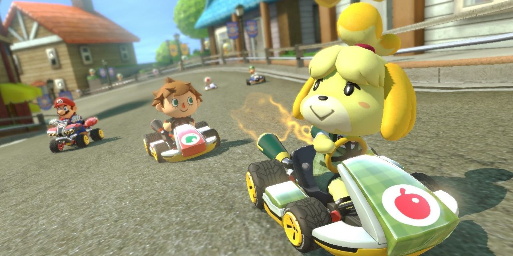 Mario Kart 8 Deluxe footage of Isabelle and the Villager from Animal Crossing racing karts with Mario