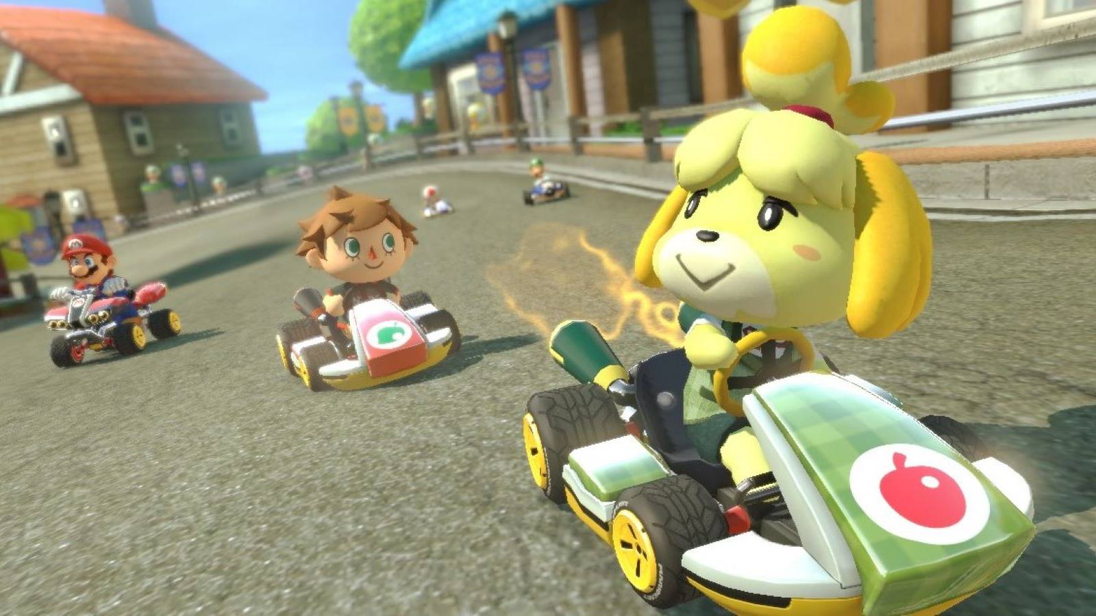 Mario Kart 8 Deluxe footage of Isabelle and the Villager from Animal Crossing racing karts with Mario