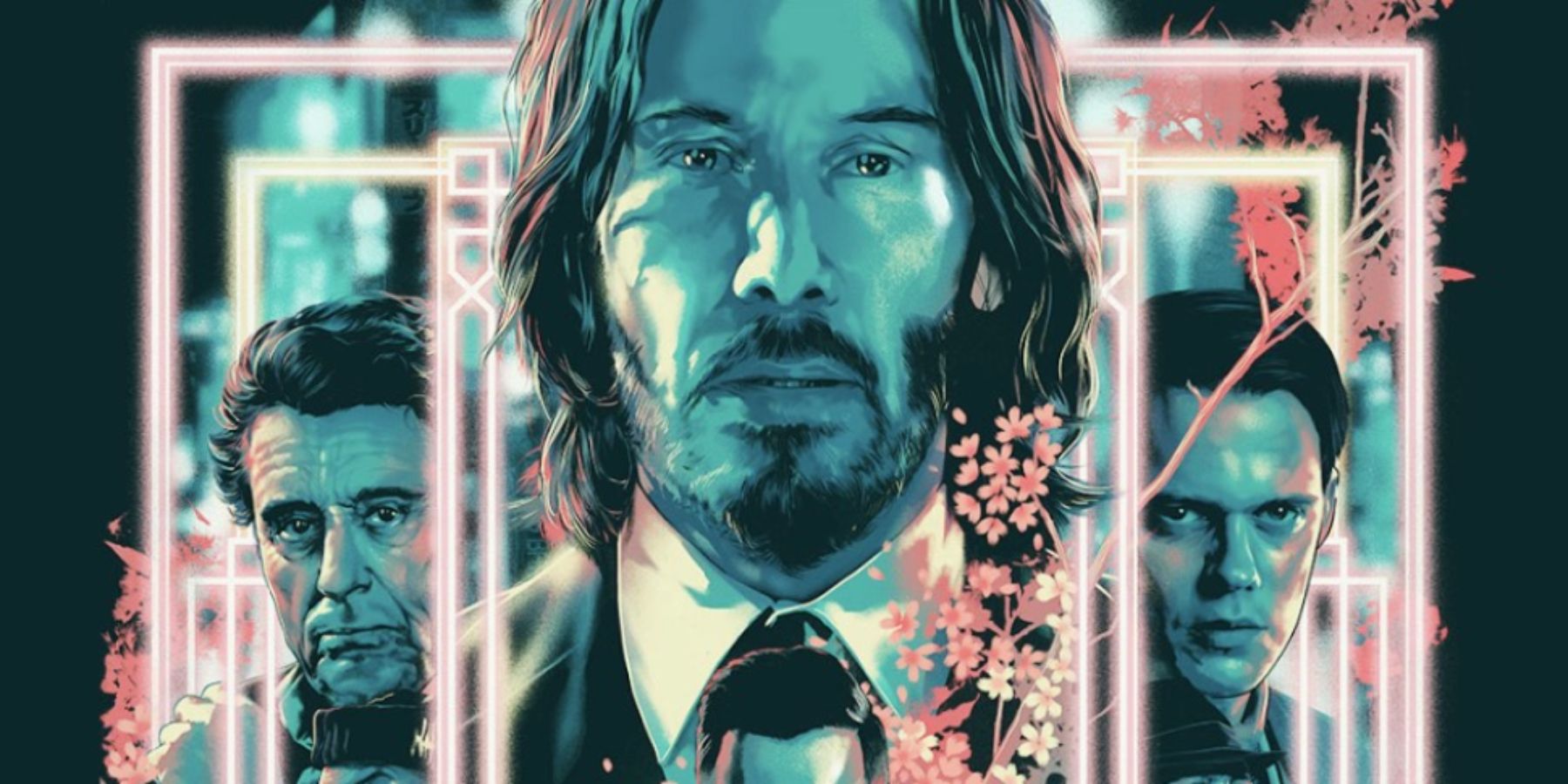 John Wick illustration poster with Ian McShane, Keanu Reeves and Bill Skarsgård