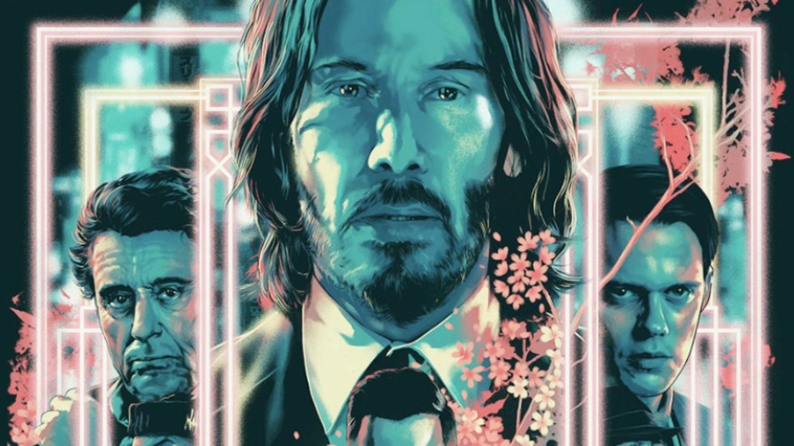 John Wick illustration poster with Ian McShane, Keanu Reeves and Bill Skarsgård