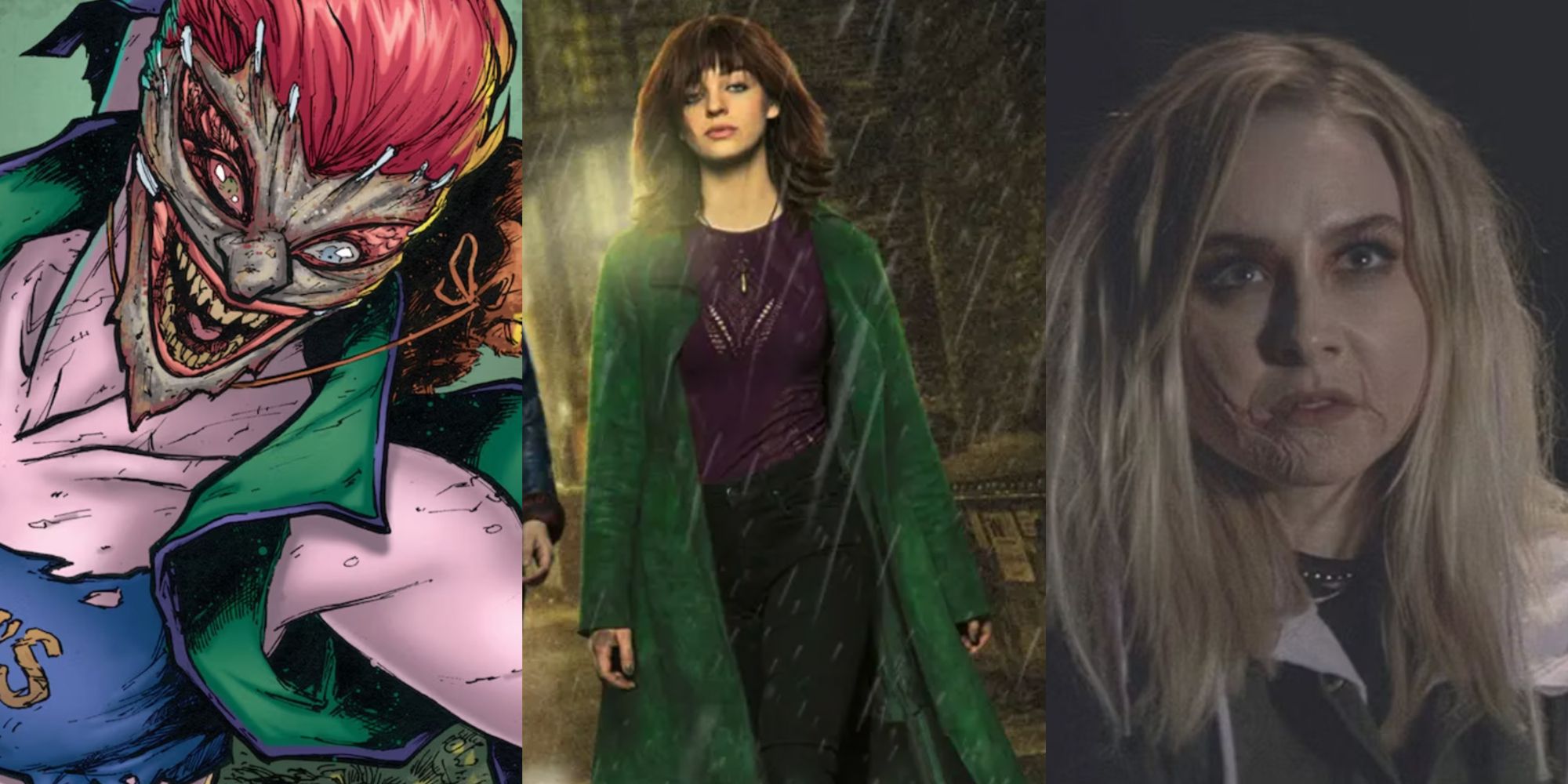 A split image features Joker's Daughter in DC Comics New 52 era, Olivia Rose Keegan as Duela in Gotham Knights, and Alessandra Toressani as Duela Dent in Batwoman