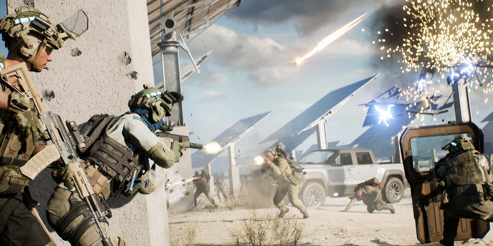 An image of a battle in Battlefield 2042. It shows soldiers shooting at each other. There are solar panels in the background, one is destroyed.