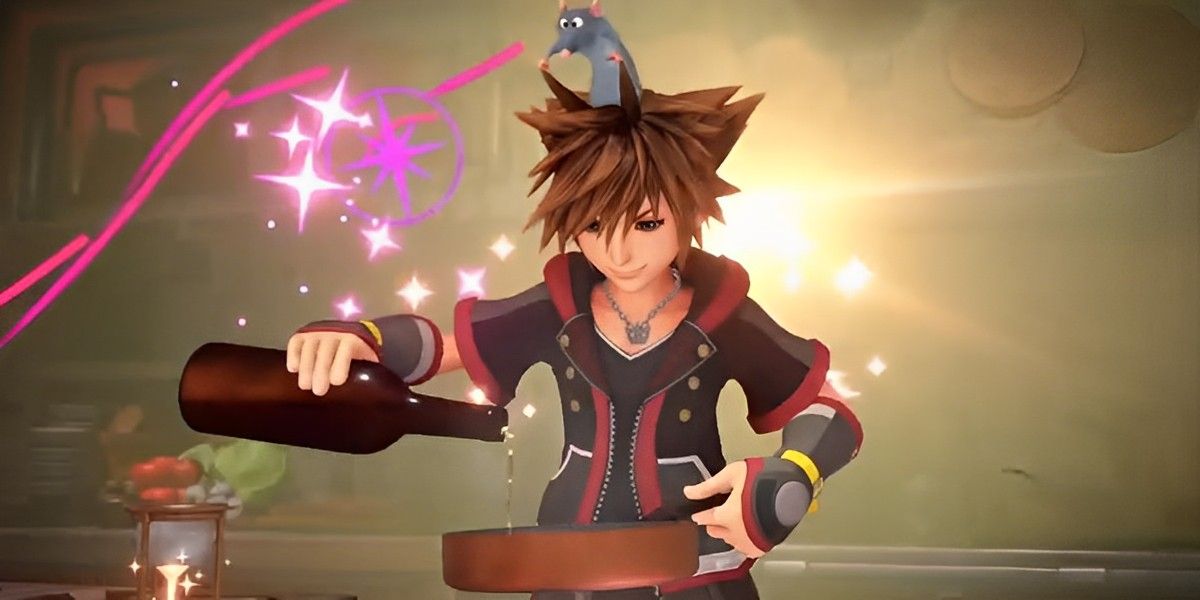 Remy from Ratatouille cooking in Kingdom Hearts III with Sora