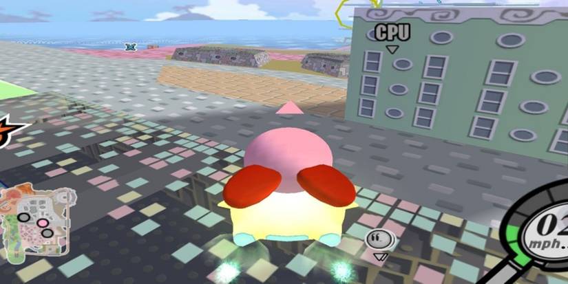Kirby riding a warp star in Kirby Air Ride