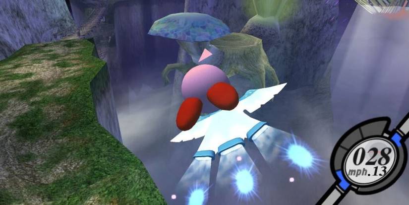 Kirby driving a vehicle at 28 mph in Kirby Air Ride