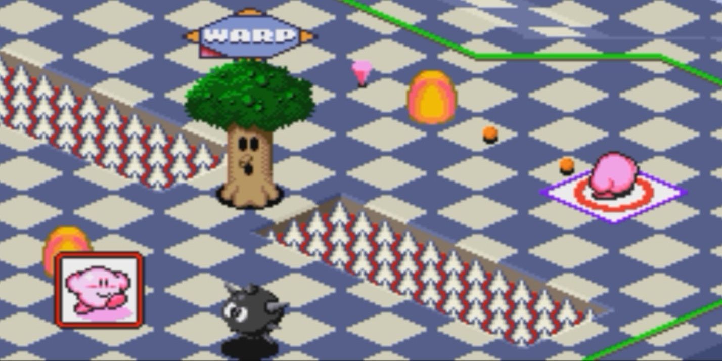 Kirby facing an enemy and a warp in Kirby's Dream Course