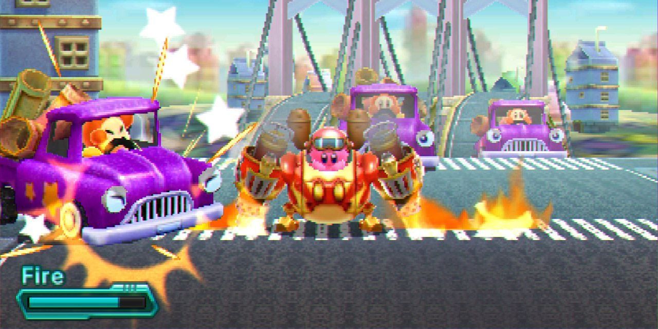 Kirby activating the power of his fire-powered mech suit in Kirby Planet Robobot
