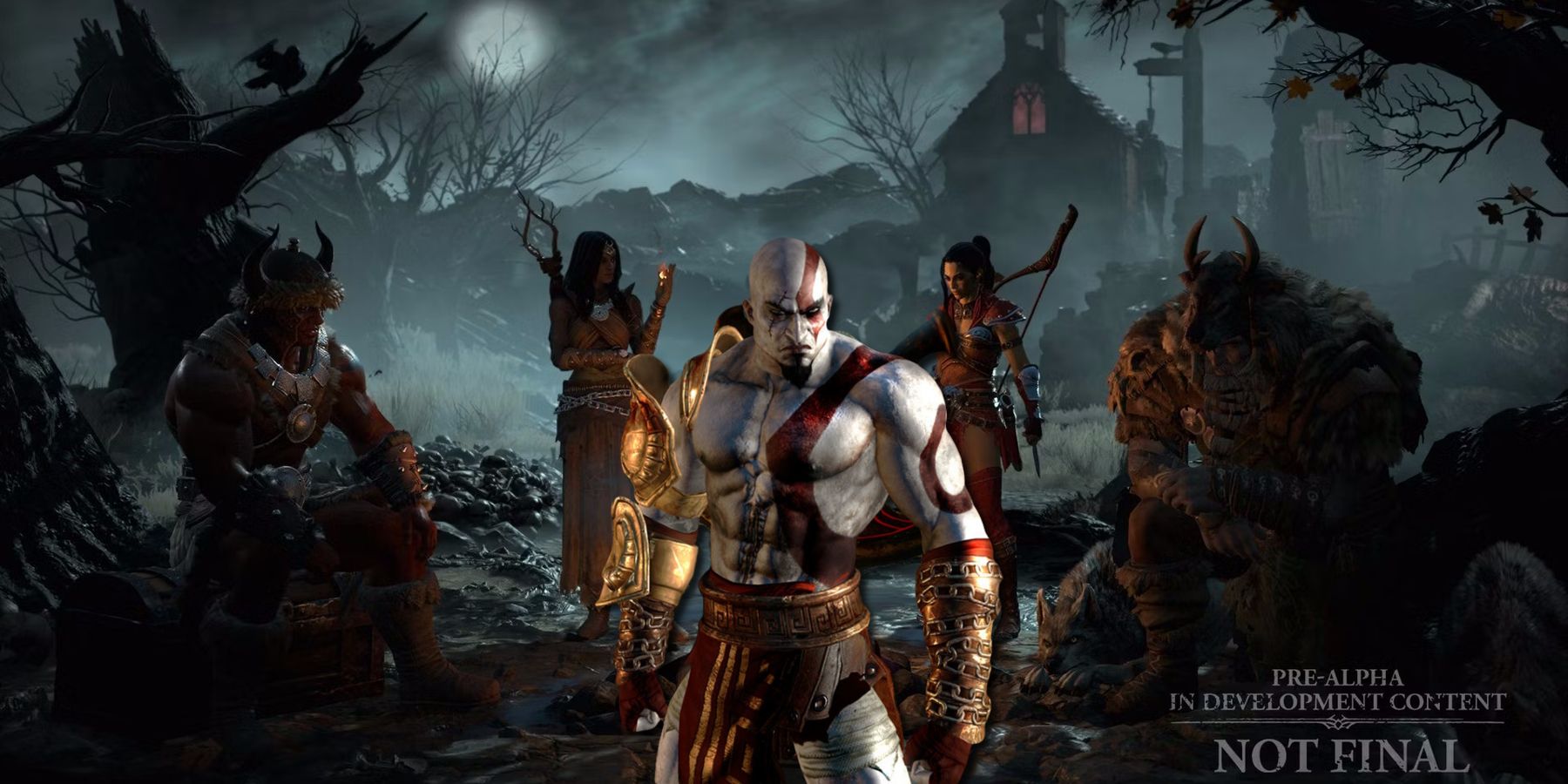 Kratos from God of War superimposed on the Diablo 4 character select screen