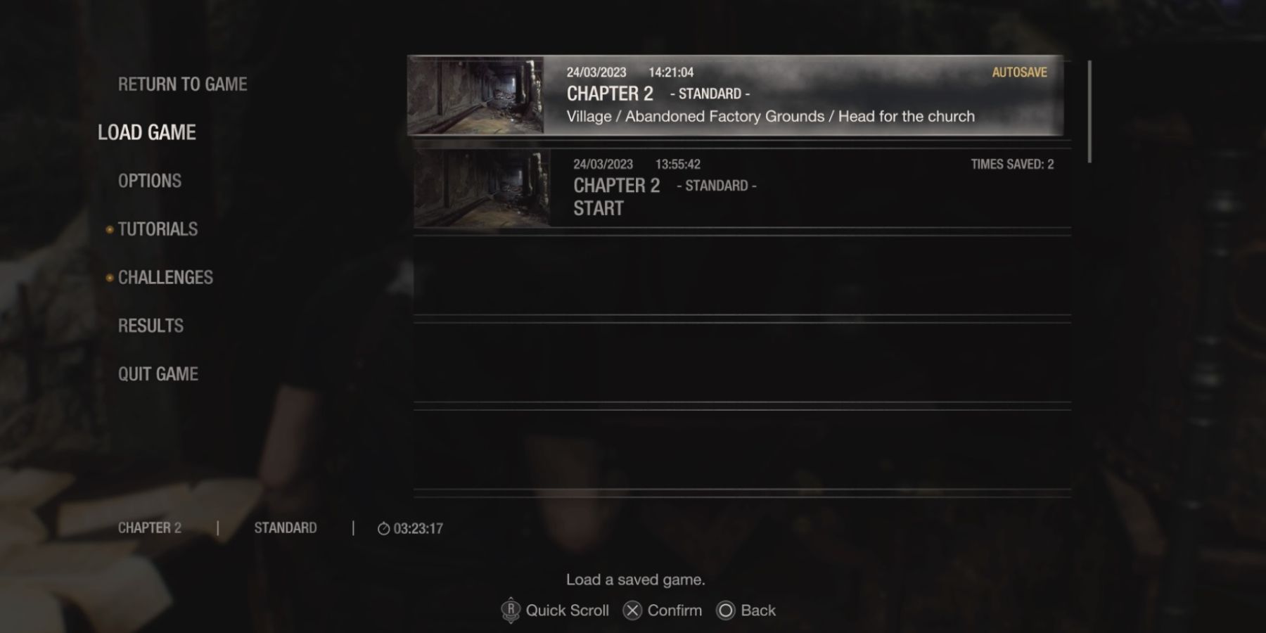 The Load Game menu in Resident Evil 4 Remake