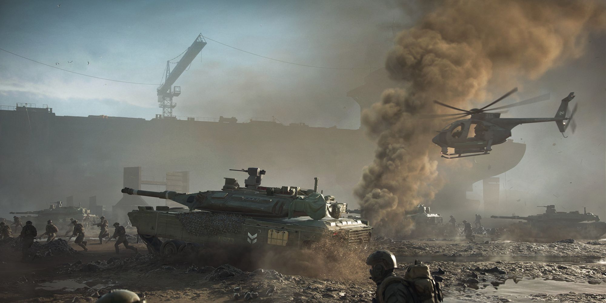 A scene from Battlefield 2042 showing an army advancing. There are soldiers, tanks and a helicopter.