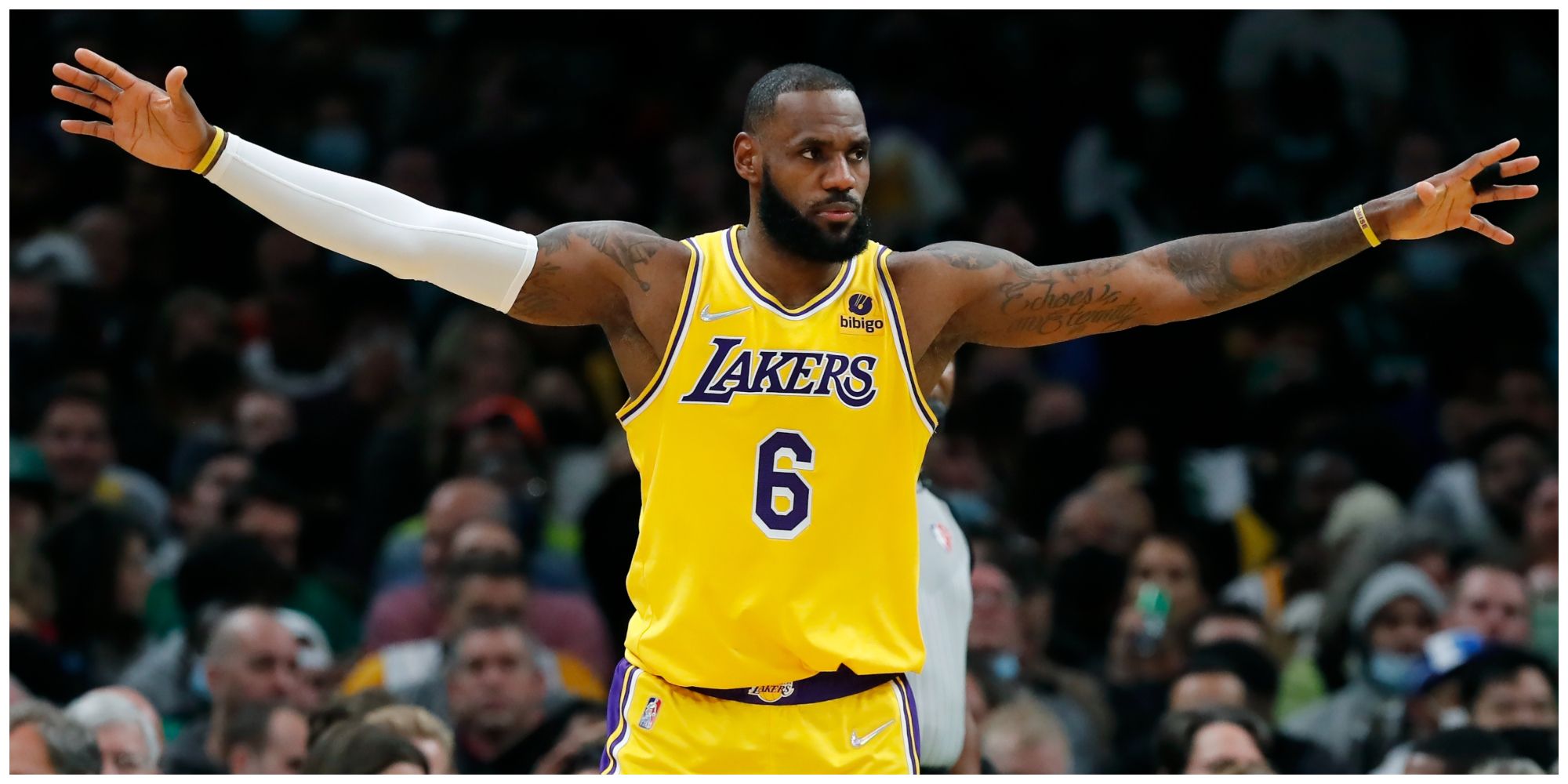 LeBron James of the LA Lakers with his arms outstretched