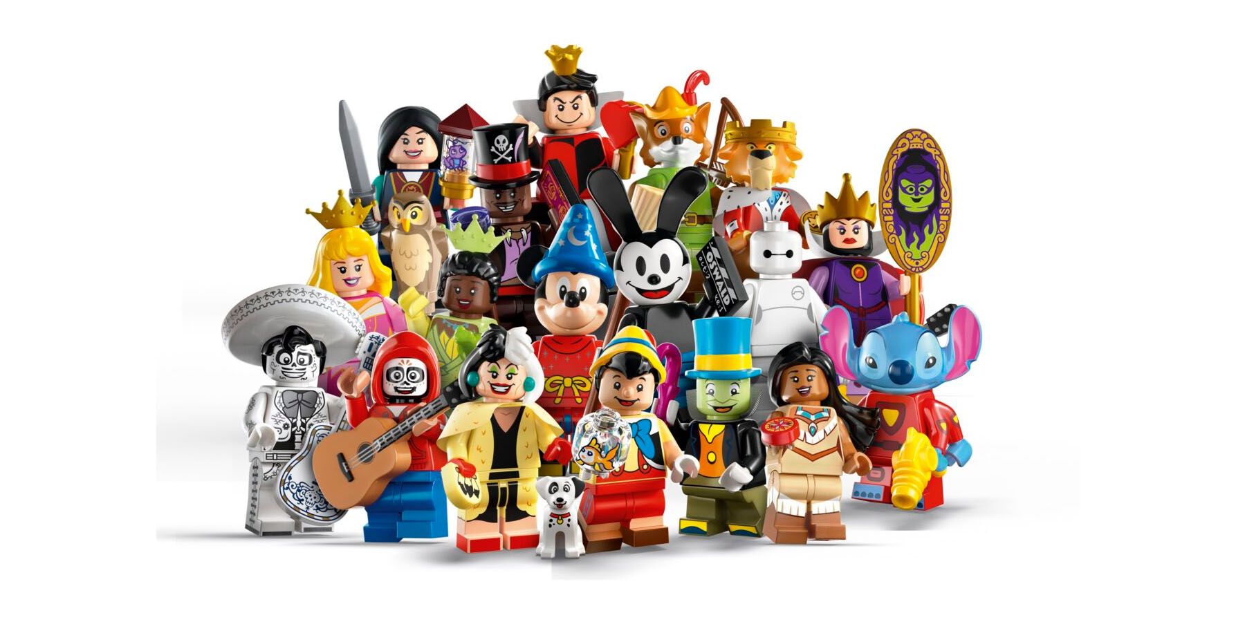 A promotional image of a variety of Disney themed LEGO minifigures against a white background.