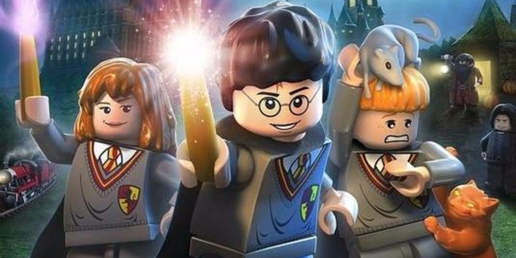 Harry, Hermione, and Ron stand in front of Hogwarts castle casting spells