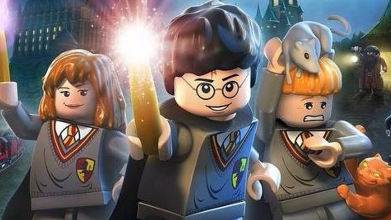 Harry, Hermione, and Ron stand in front of Hogwarts castle casting spells