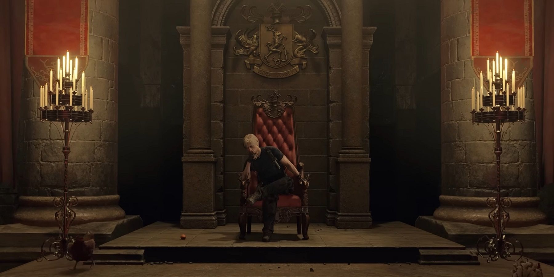 Leon sitting on a throne in Resident Evil 4.