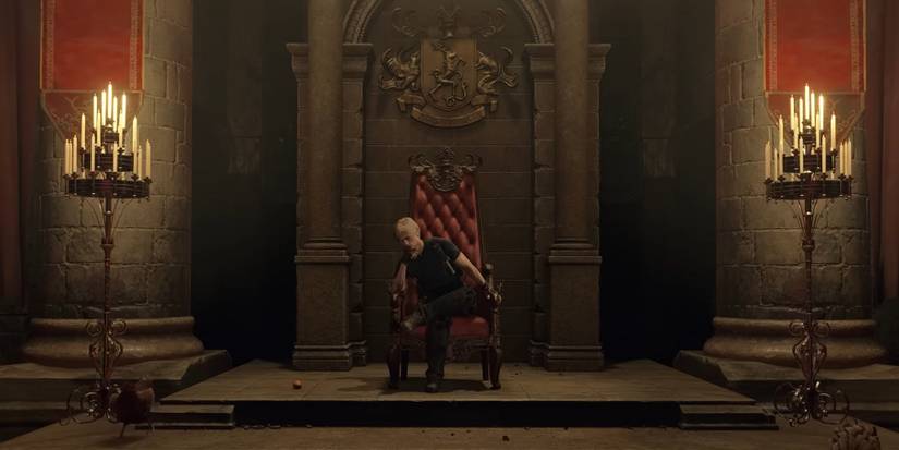 Leon sitting on a throne in Resident Evil 4.