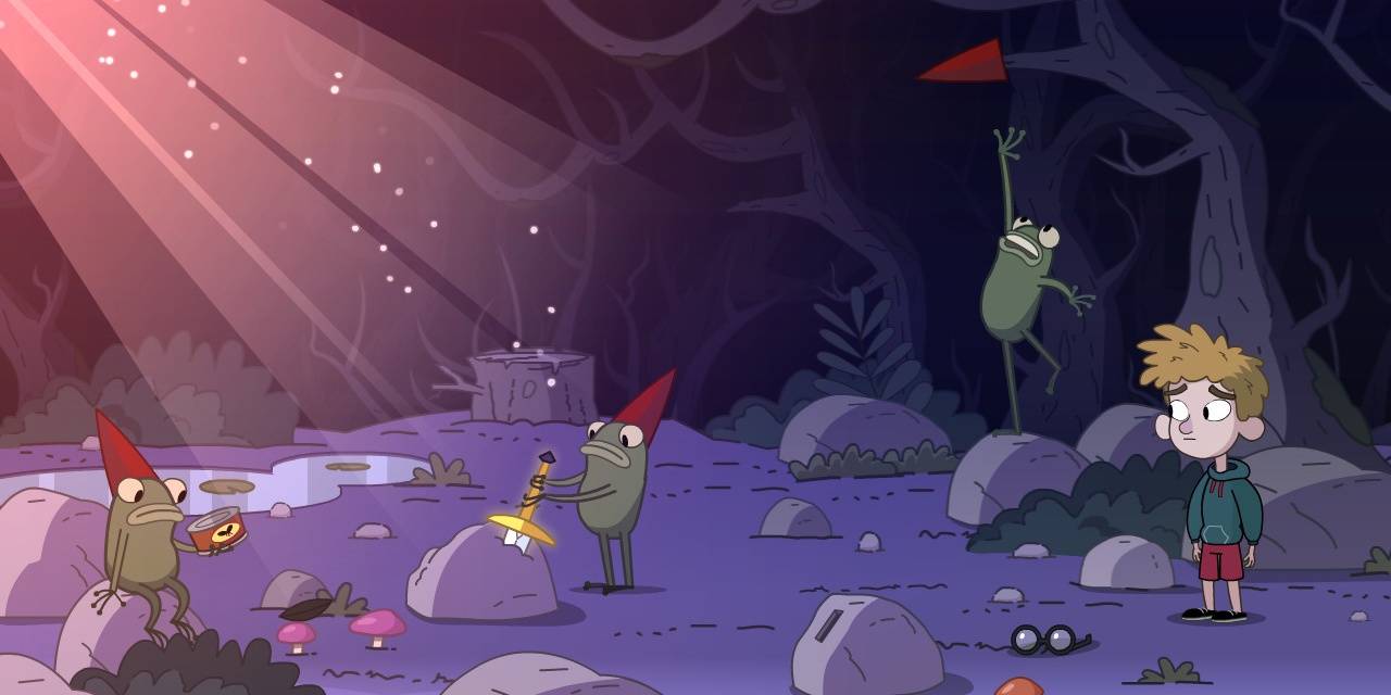 Three frogs with red cone hats looking at various objects in Lost In Play