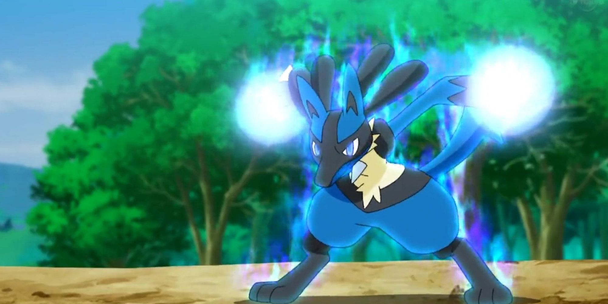 Lucario charges up an attack with a forest in the background