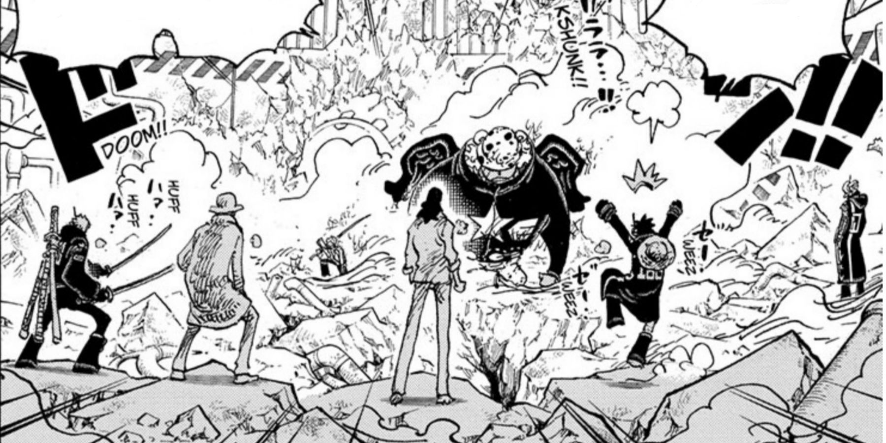 Lucci Luffy Kaku and Zoro fighting Seraphim