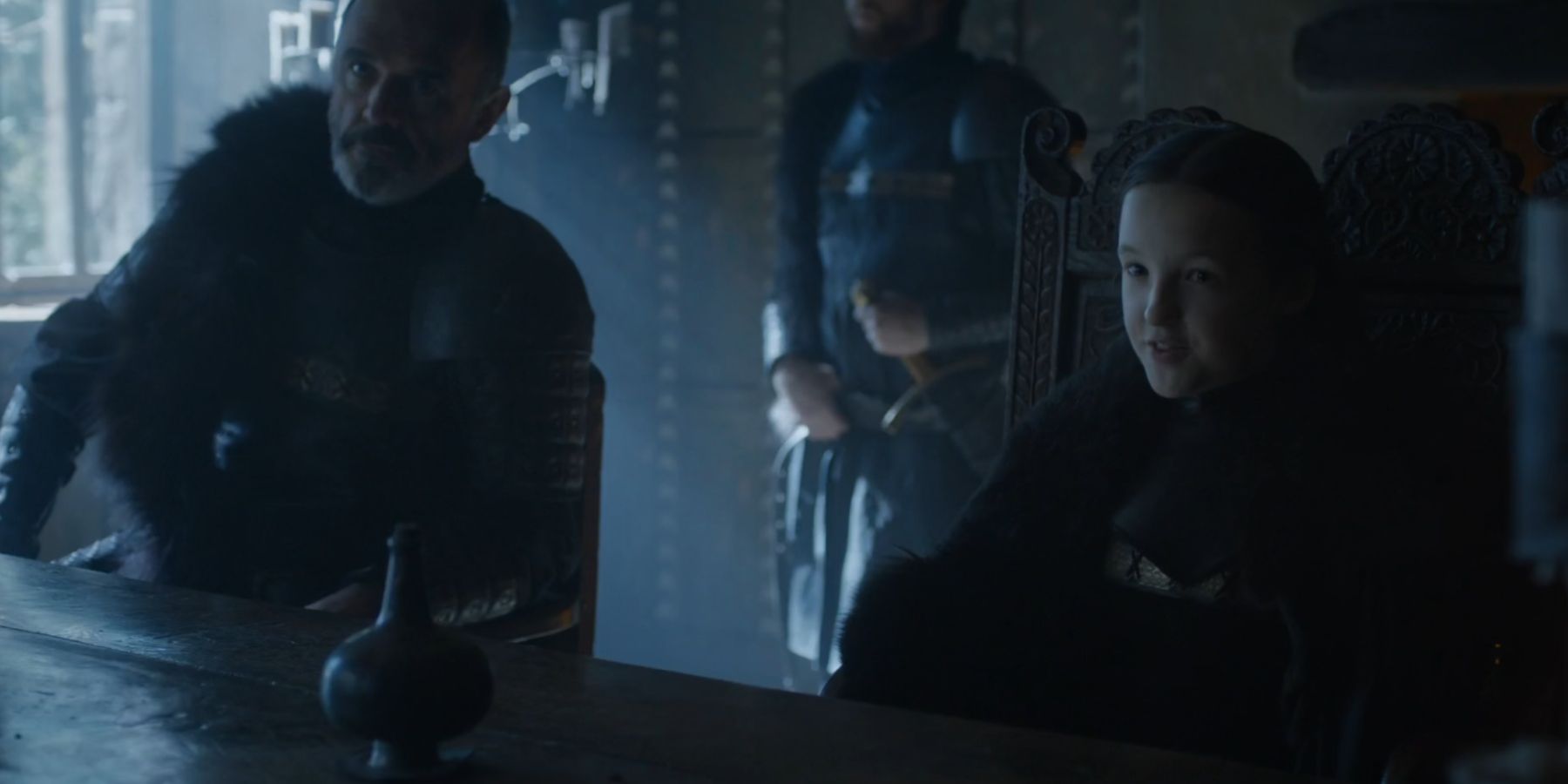 Lady Lyanna Mormont addresses Jon Snow and Sansa in Game of Thrones.