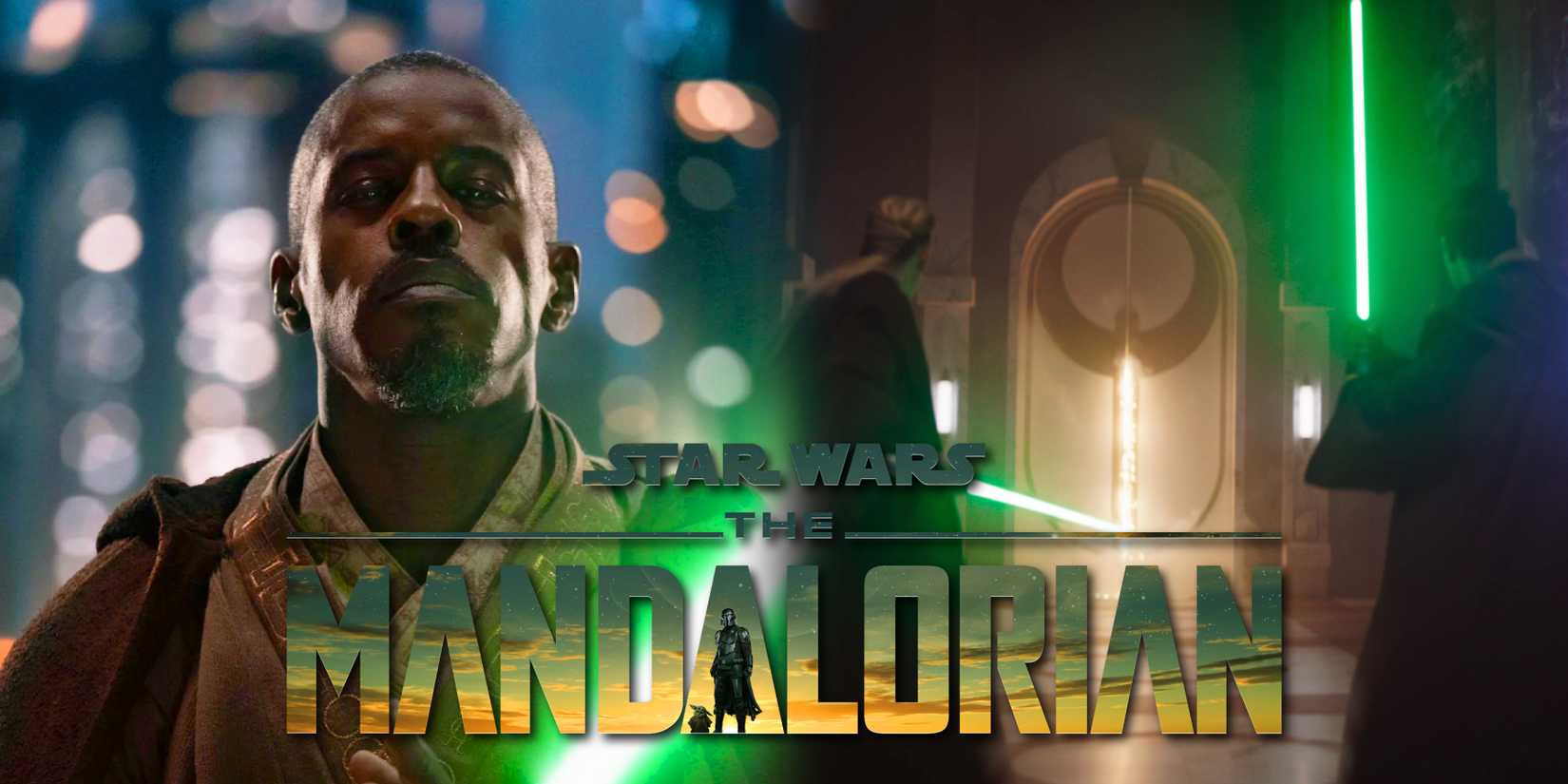 A split image shows Star Wars The Mandalorian Jedi Kelleran Beq Ahmed Best, and two Jedi ready to defend at a door.